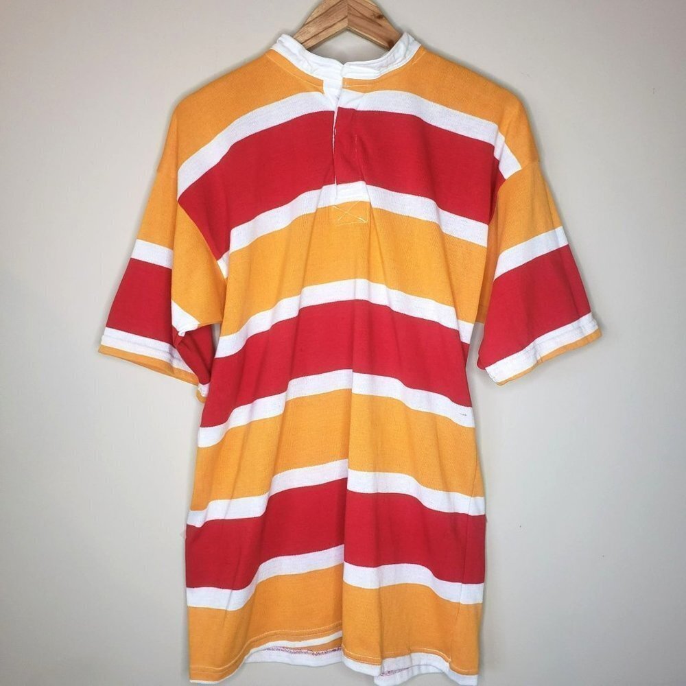 VTG Halbro RUGBY Shirt Jersey Striped Yellow Red M Short Sleeve Knit Blokecore
